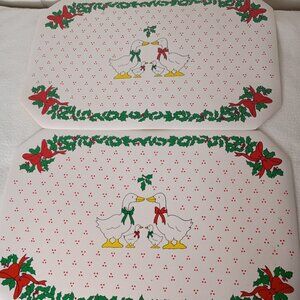 VTG Christmas Welcome Goose Vinyl Placemat Set of 2 Red Green Holiday 90's Geese